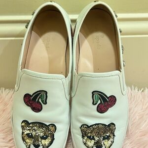 Kate Spade white slip-on loafers with leopard and cherry embroidery